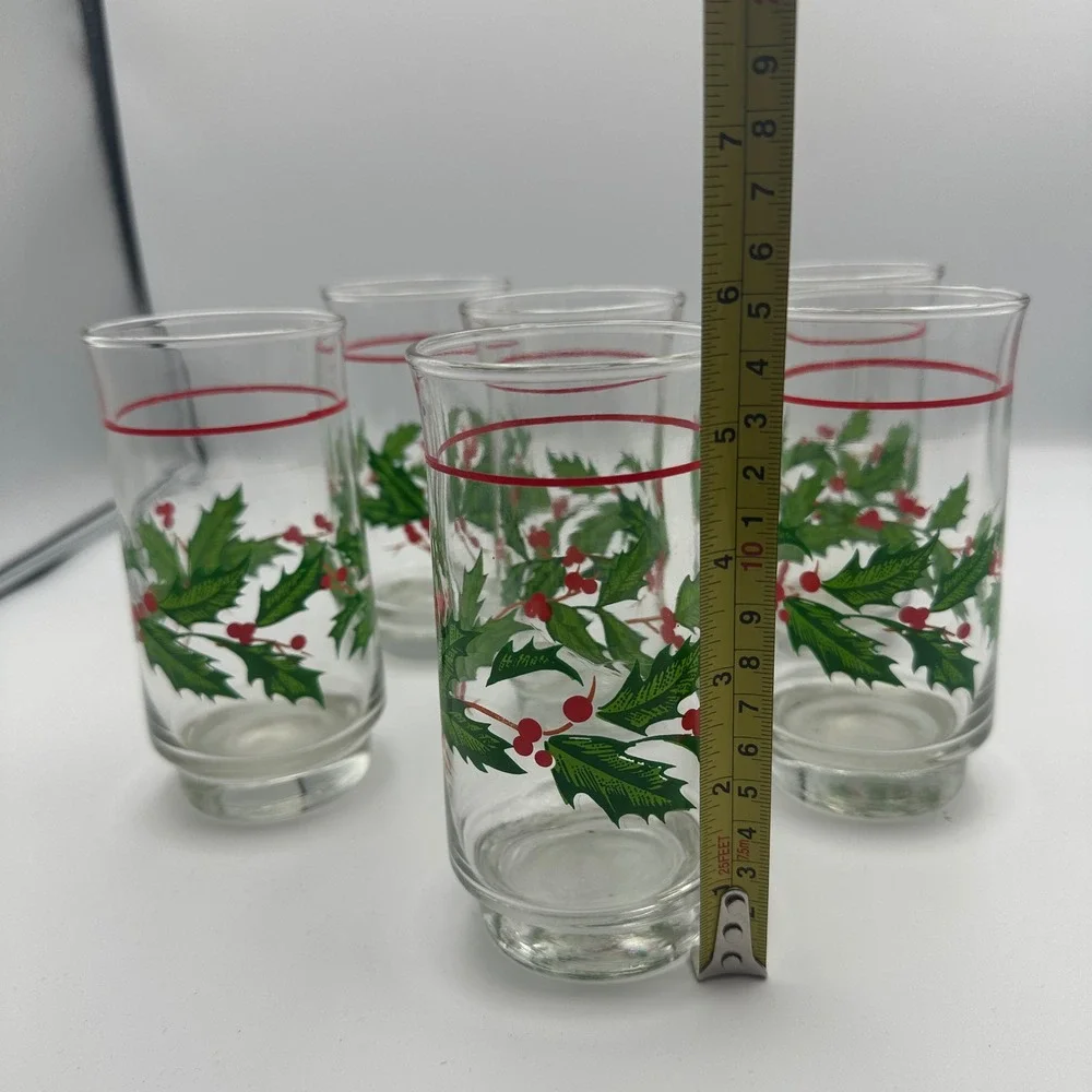Vintage‎ Christmas Holly Berry Glasses Set of 6 Red Band Holiday Decor